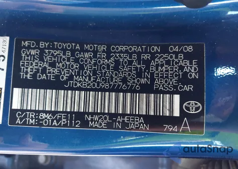 2008 Toyota Prius z USA, uszkodzony, nr VIN JTDKB20U987776776